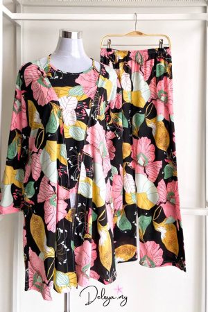 Pyjamas Robe 3-Piece Set Black Peony Floral (A17)