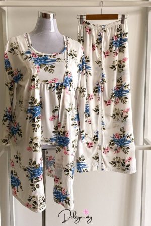 Pyjamas Robe 3-Piece Set White Blue Flower