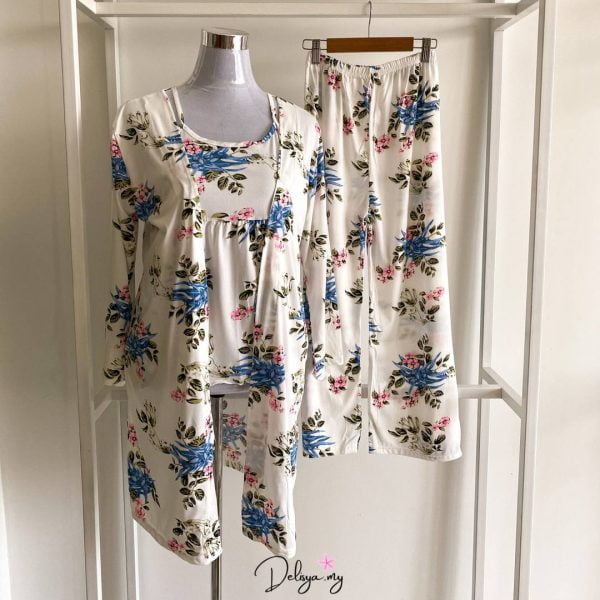 Pyjamas Robe 3-Piece Set White Blue Flower