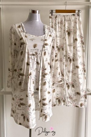 Pyjamas Robe 3-Piece Set White Basil Leaves