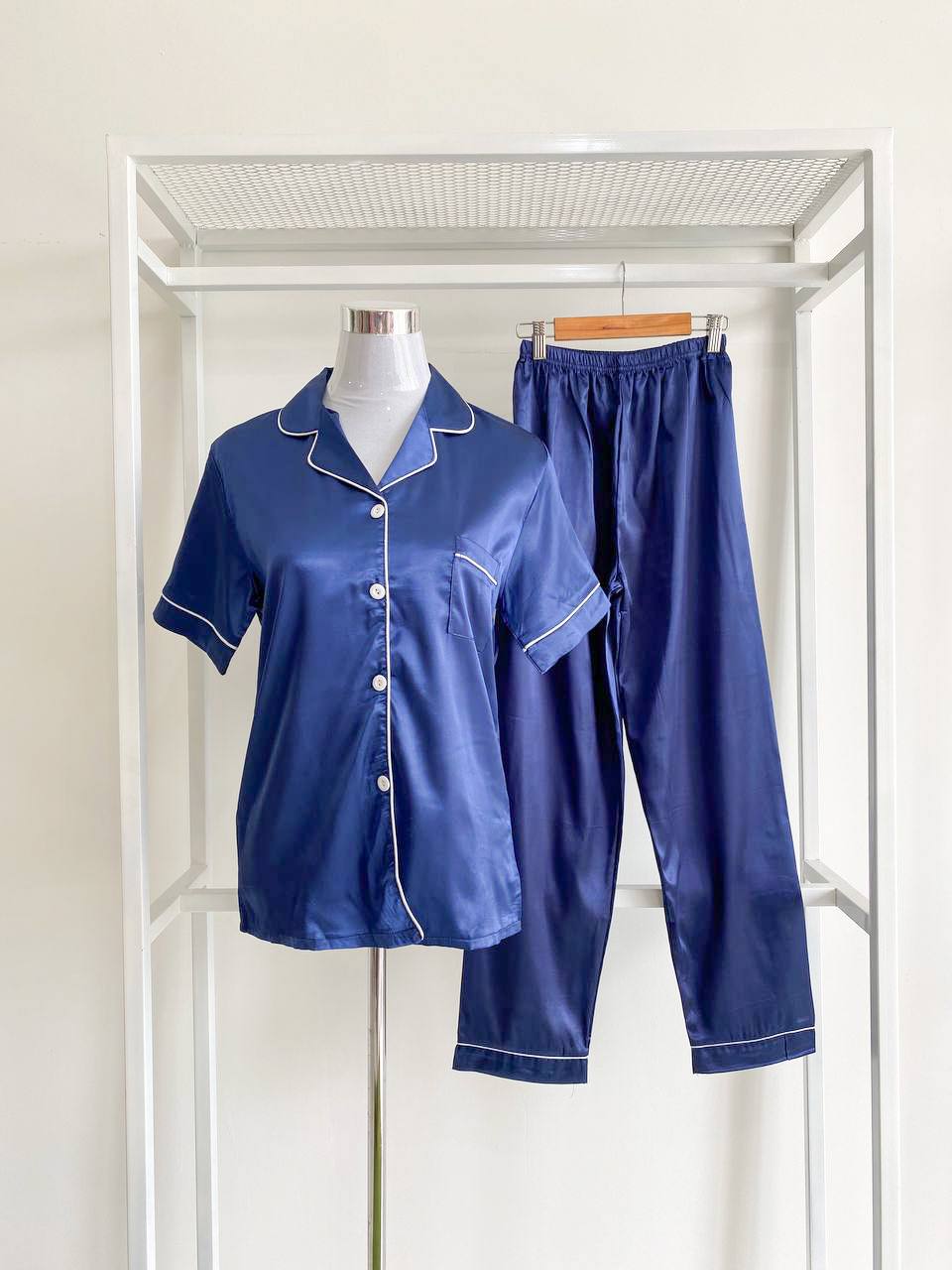 pyjamas-short-sleve-satin-plain-royal-blue-comfy-nightwear