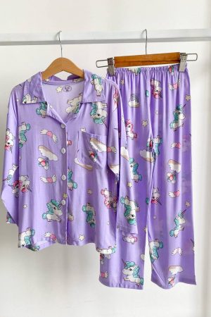 Short Sleeve Kids Pyjamas Purple Unicorn